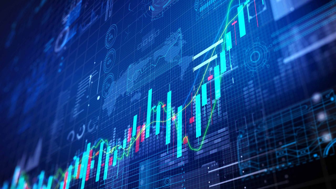 blue stock market chart with bars going up