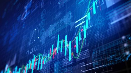 blue stock market chart with bars going up