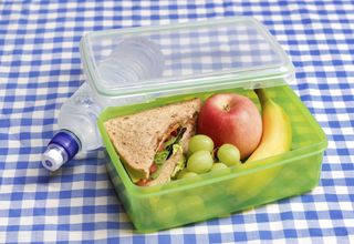 A green lunch box is on a table with a blue and white checked table cloth. Inside the lunch box is a sandwich, apple, grapes and banana.