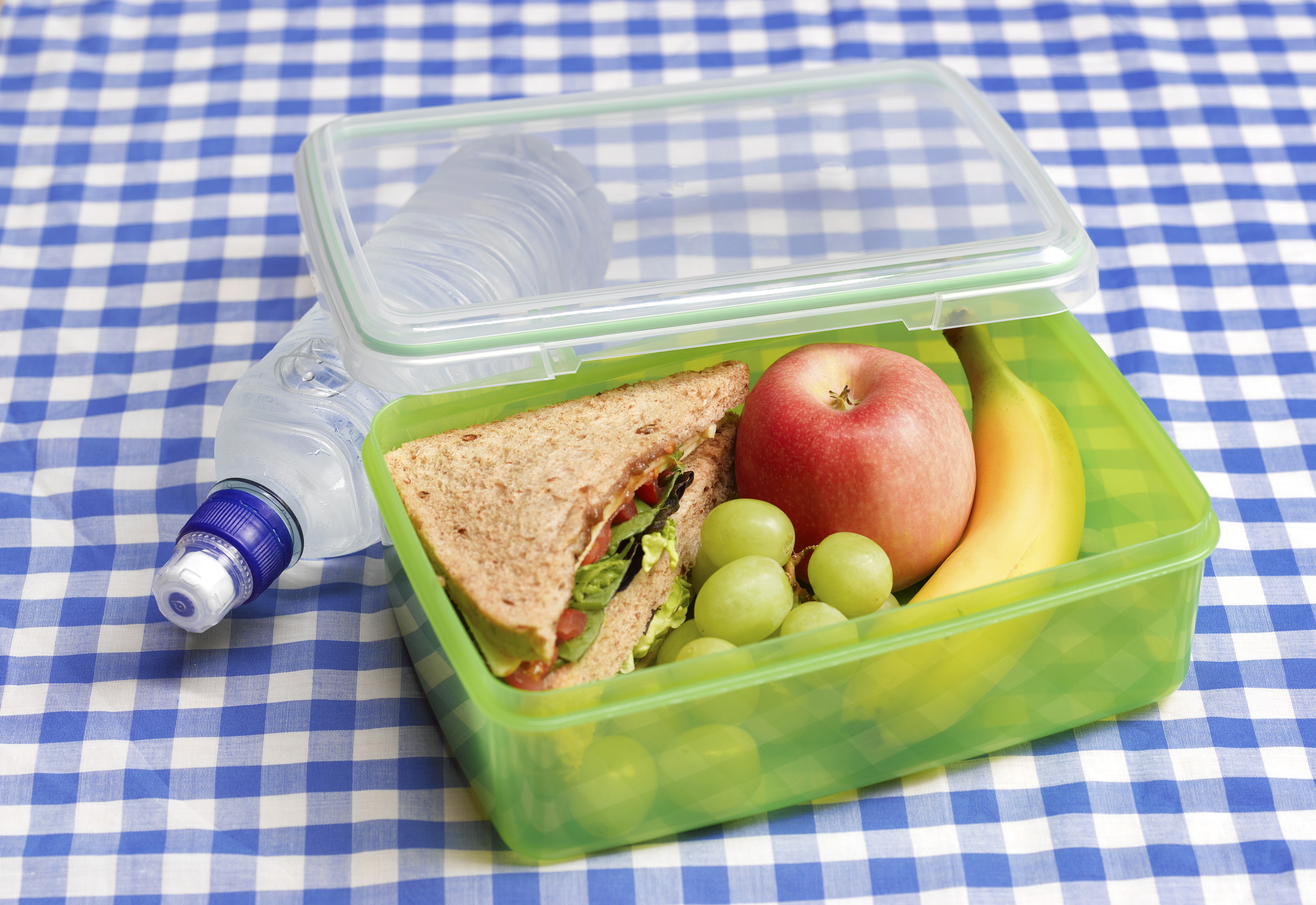 A green lunch box is on a table with a blue and white checked table cloth. Inside the lunch box is a sandwich, apple, grapes and banana.