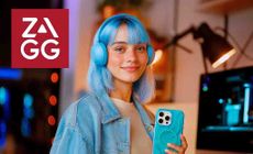 ZAGG logo placed over an ai generated image of a girl with blue hair posing with a blue phone