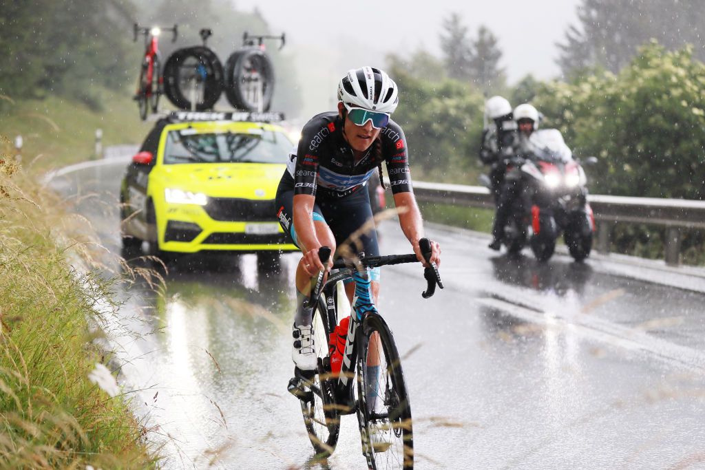 LENZERHEIDE SWITZERLAND JUNE 21 Lucinda Brand of The Netherlands and Team Trek Segafredo black points jersey competes during the 2nd Tour de Suisse Women 2022 Stage 4 a 985km stage from Chur to Lantsch Lenz tourdesuisse2022 on June 21 2022 in Lenzerheide Switzerland Photo by Heinz ZwickyGetty Images