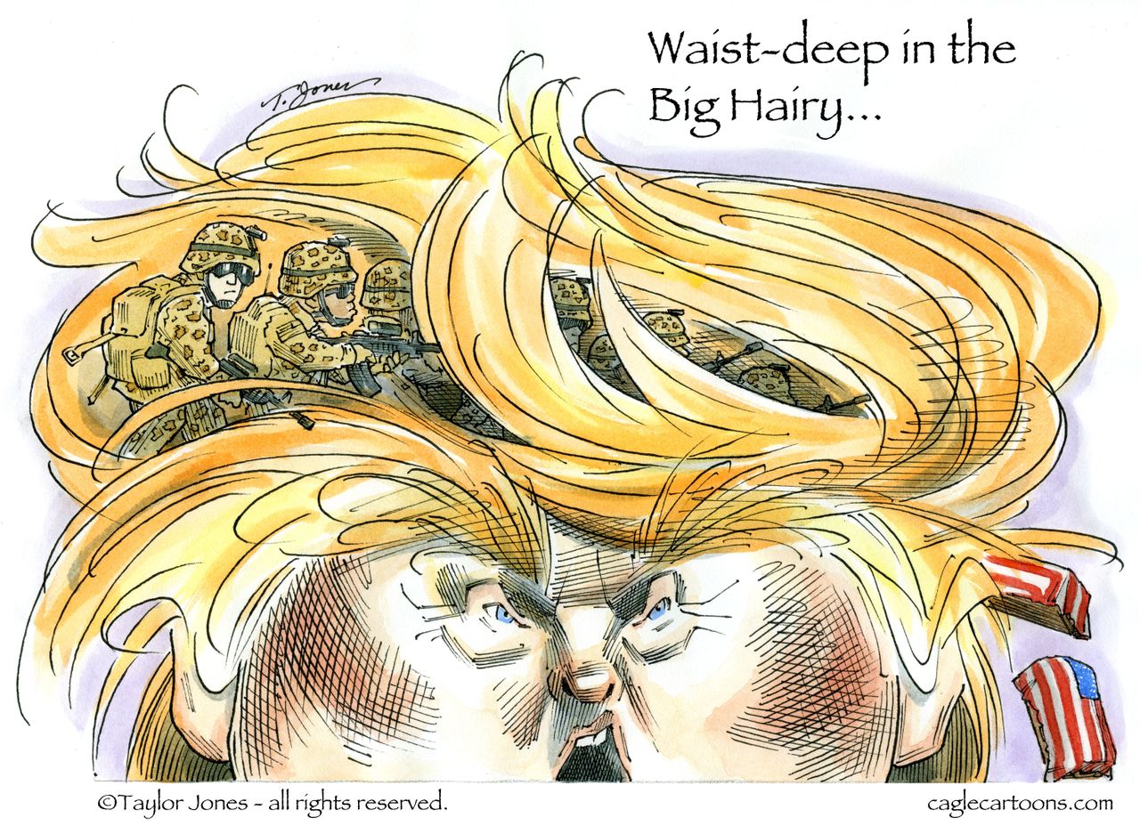 Political cartoon U.S. Trump hair Afghanistan war