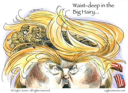 Political cartoon U.S. Trump hair Afghanistan war