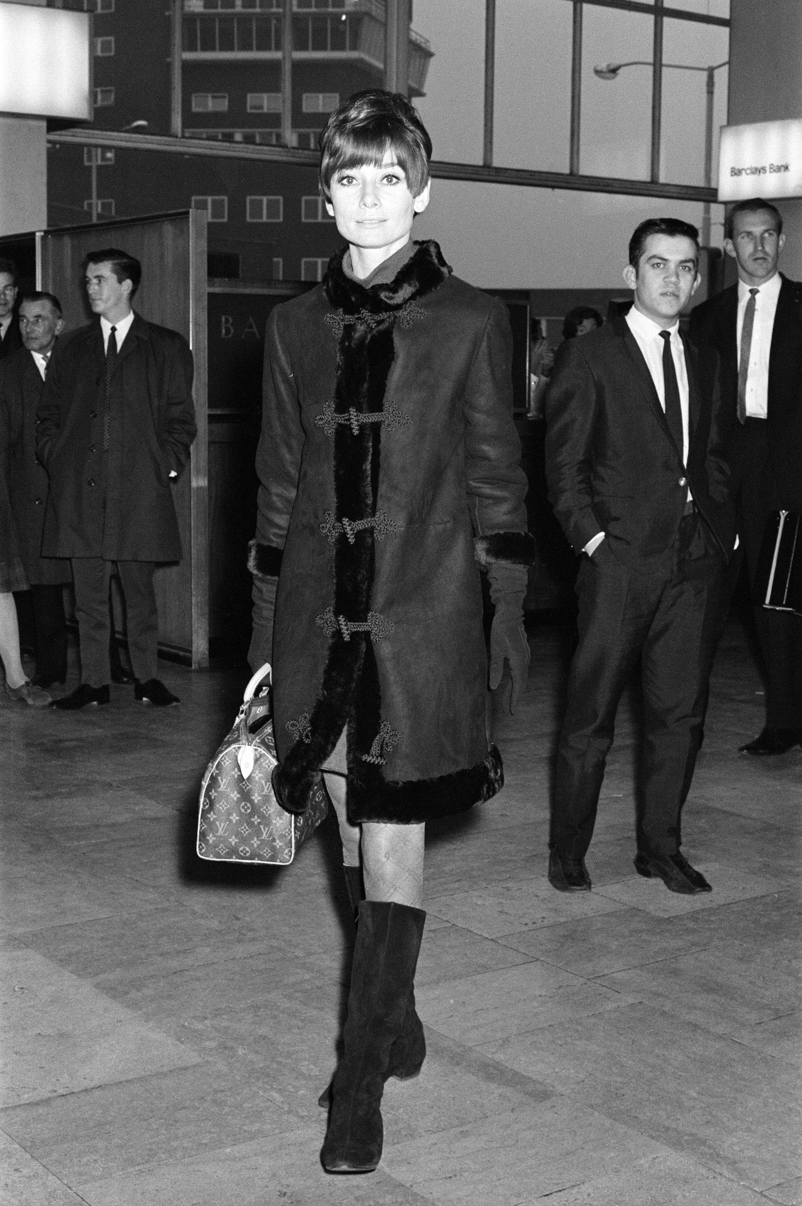Film star Audrey Hepburn pictured at Heathrow Airport before leaving for her home in Switzerland, 5th November 1966