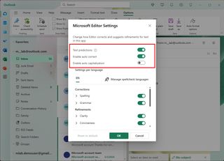 Outlook text prediction and autocorrect