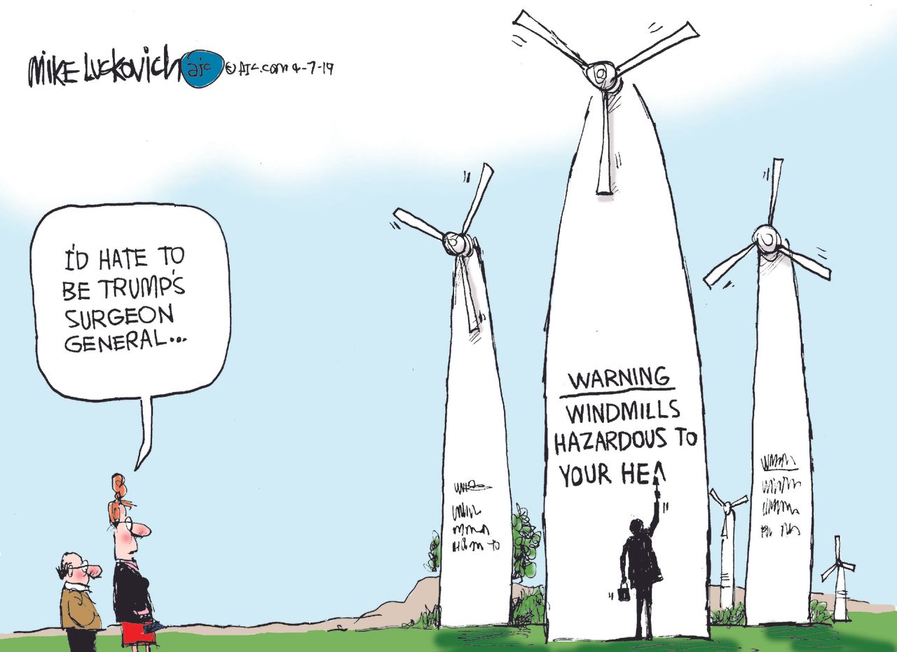 Political Cartoon U.S. Trump Surgeon General noise cancer windmills