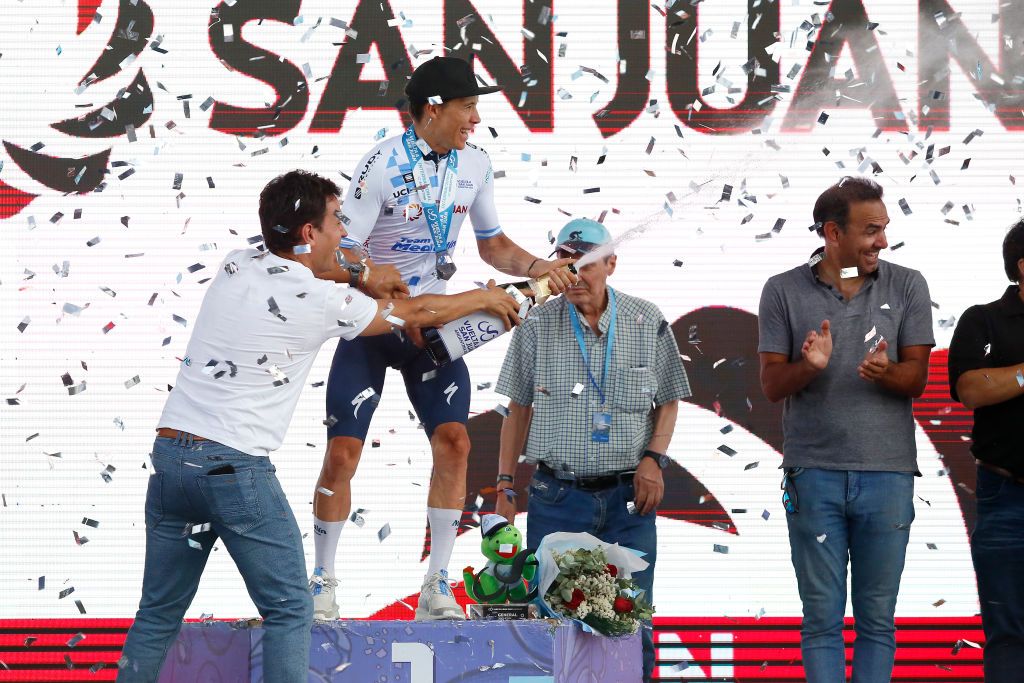 SAN JUAN ARGENTINA JANUARY 28 Miguel Angel Lopez of Colombia and Team Medellin EPM celebrates at podium as White Leader Jersey during the 39th Vuelta a San Juan International 2023 Stage 6 a 1449km stage from Veldromo Vicente Chancay to Veldromo Vicente Chancay VueltaSJ2023 on January 28 2023 in San Juan Argentina Photo by Maximiliano BlancoGetty Images