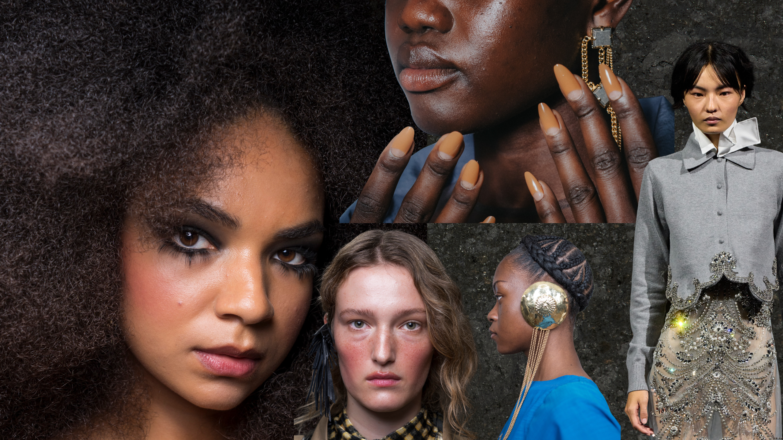 A collage of women with dark eye makeup, braided hairstyles, red cheeks, tan nails, and middle parts on a Black background