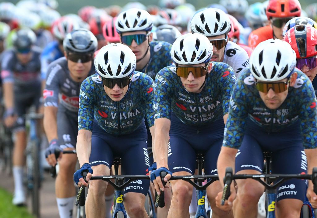 DIJON FRANCE JULY 04 LR Jonas Vingegaard Hansen of Denmark and Bart Lemmen of Netherlands and Team Visma Lease a Bike compete during the 111th Tour de France 2024 Stage 6 a 1635km stage from Macon to Dijon UCIWT on July 04 2024 in Dijon France Photo by Dario BelingheriGetty Images