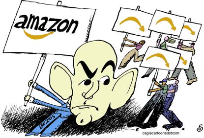 Editorial Cartoon U..S Jeff Bezos works protests hazard pay better conditions N95 masks