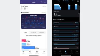 Side by side screenshots of sleep tracking in Ciara's Fitbit app and in the Oura Ring app
