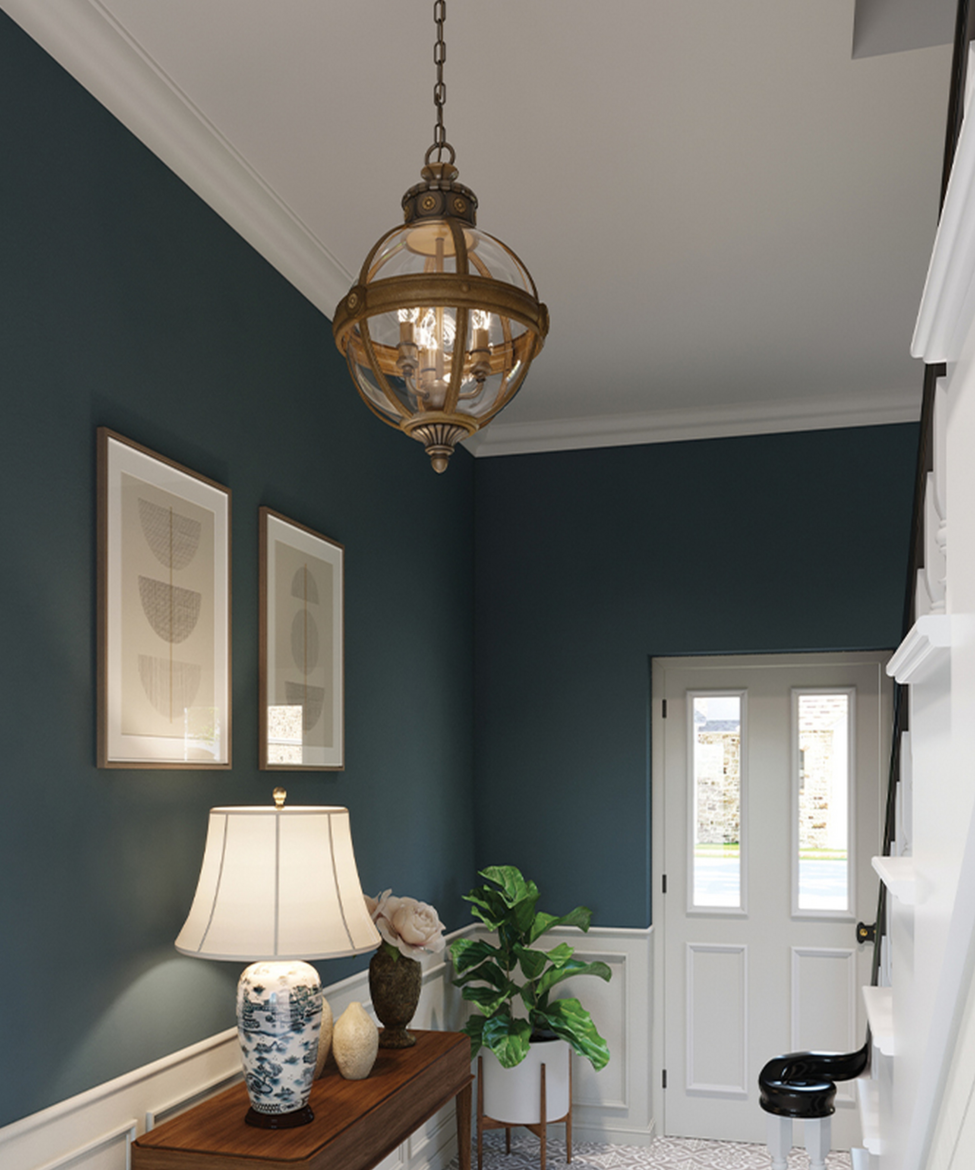 large glass and metal pendant light in hallway with ceramic and shaded table lamp on narrow console table