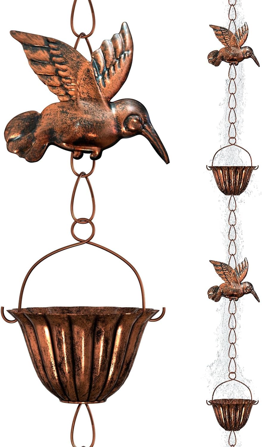 Innowarmer 8.8ft Rain Chains for Gutters Outside, Rain Catcher Chain With 6 Metal Cups &amp;amp; Hummingbird Decor, Adjustable Hanging Rain Hutter Chain Downspout Substitute for Garden Drainage &amp;amp; Eaves