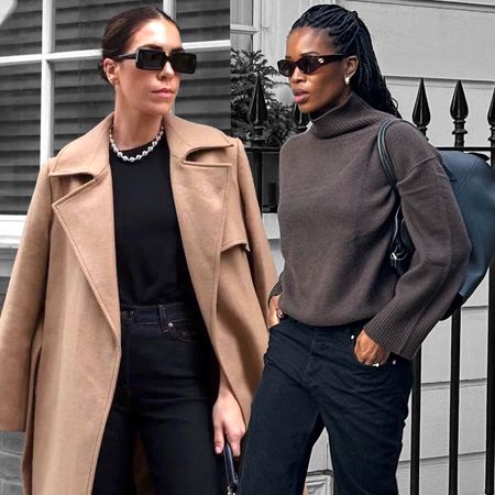 collage of British female influencers Marilyn Nwawulor-Kazemaks ansd Jessica Skye posing on a London sidewalks wearing elegant outfits with black sunglasses, a brown turtleneck sweater, a camel coat, black leather The Row Margaux bag, and black jeans