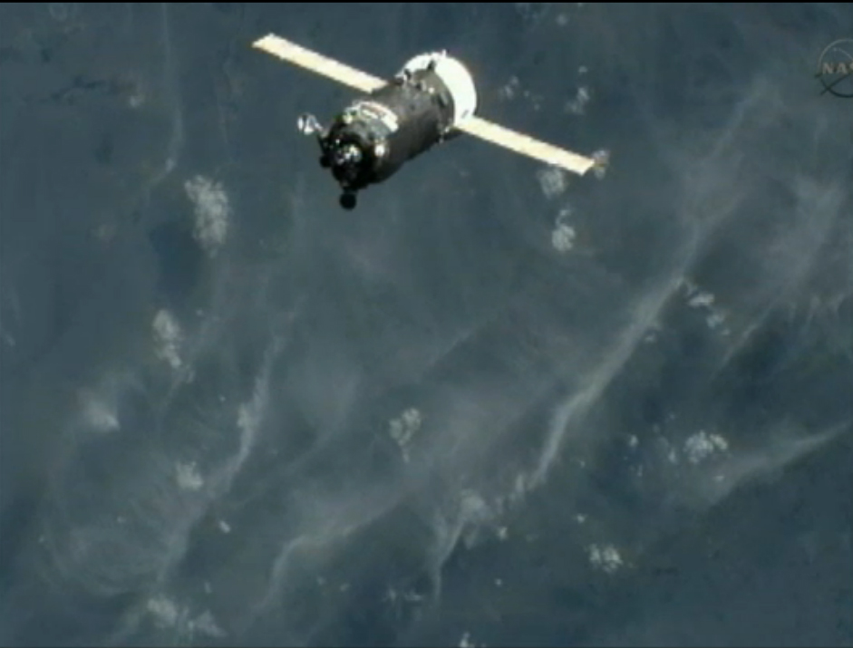 The unmanned Russian Progress 42 cargo ship is seen by a video camera on the exterior of the International Space Station just before docking on April 29, 2011. 