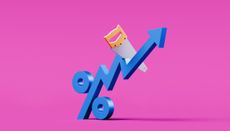 bright pink background with a blue percentage sign being sawed in half