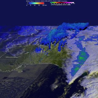 NASA's Global Precipitation Measurement satellite captured this view of the rainfall from this weekend's winter storm at 8:29 a.m. EST (1329 GMT). It showed precipitation falling at 2.5 inches per hour over northern Alabama at the time.