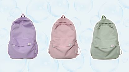 Three pastel backpacks on soap bubble background