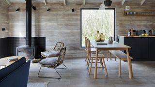 reclaimed wooden floor in dining space