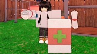 A 99 Nights in the Forest player character standing beside a medkit and bandage. 