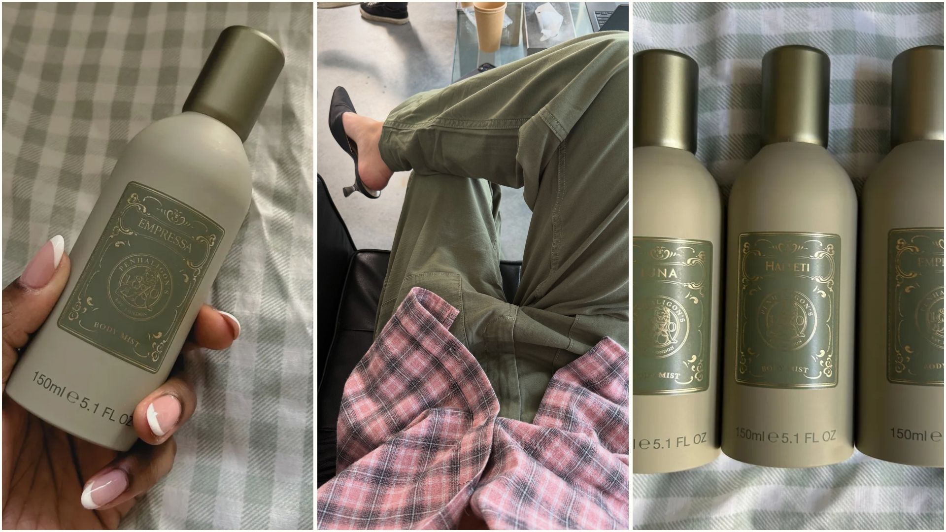A collage of the Penhaligon's body mists and a creator wearing a stylish outfit consisting of cargo trousers and a checked shirt