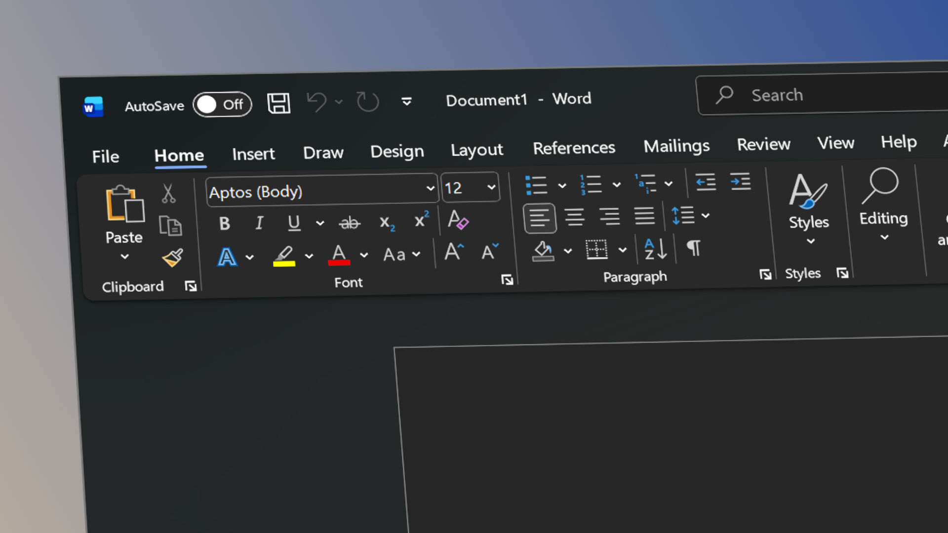 A screenshot of Microsoft Word, skewed and shown against a gradient background