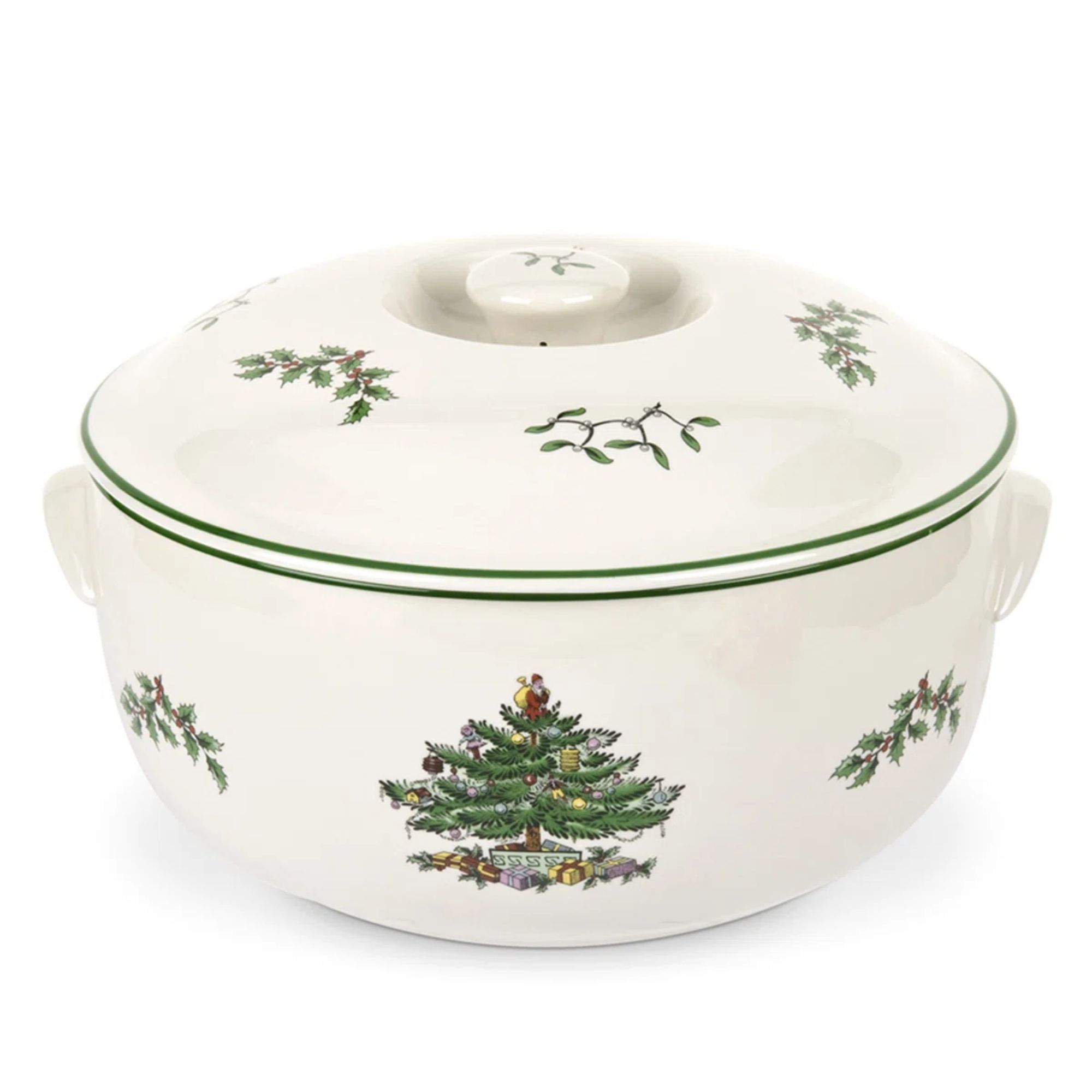 White casserole dish with Christmas tree motif