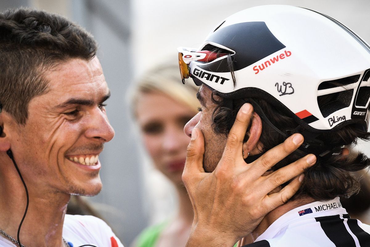 Warren Barguil congratulates Michael Matthews for winning stage 16 at the Tour de France