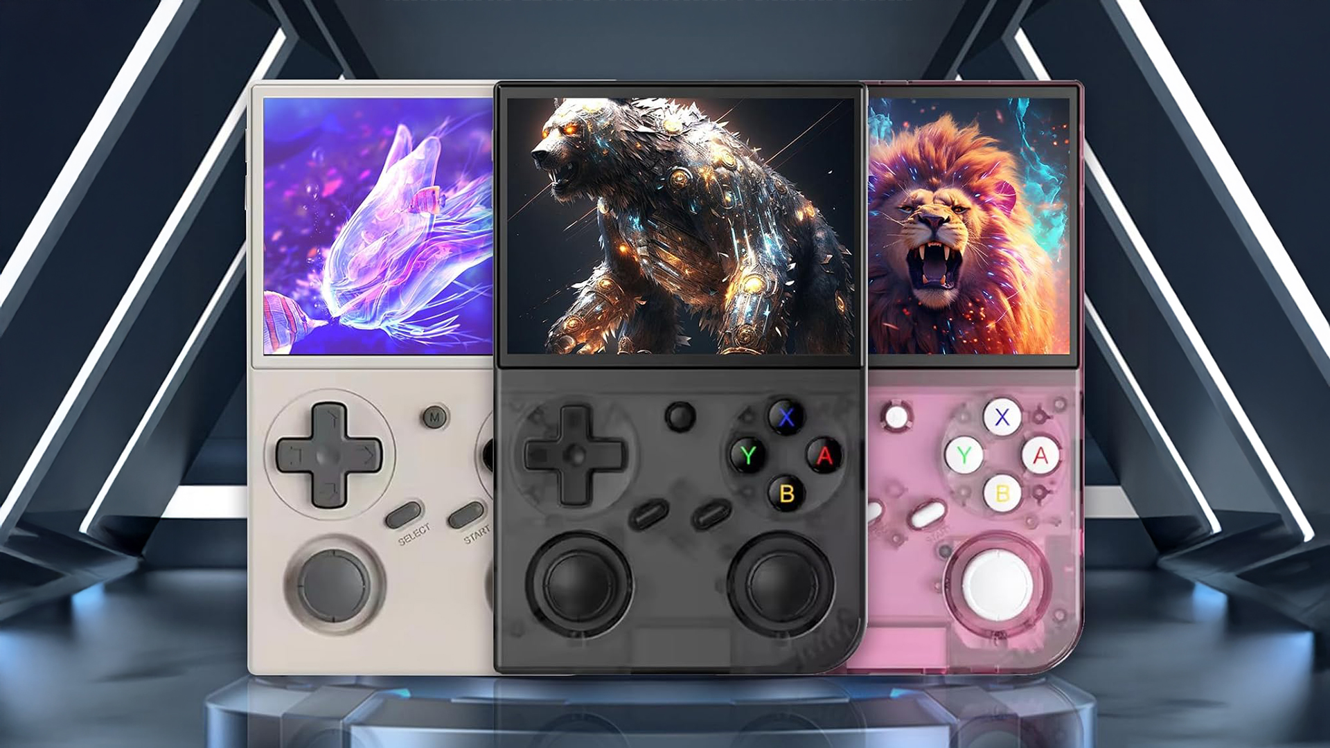 BattleXP G350 gaming handheld in grey, black and pink, on a blue background