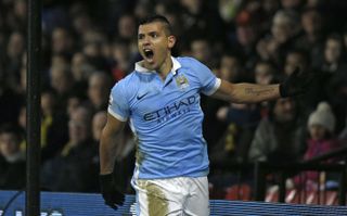 Sergio Aguero celebrates after scoring for Manchester City against Watford in January 2016.