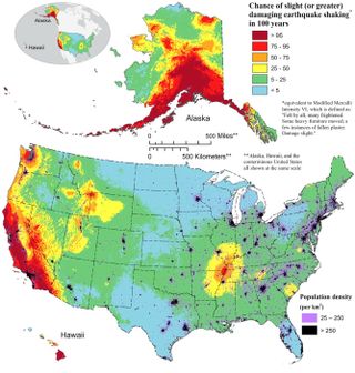 The National Seismic Hazard Model map, displaying the likelihood of damaging earthquake shaking in the United States over the next 100 years.