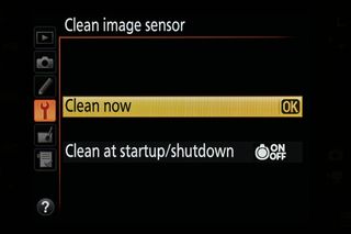 Nikon menu screens for sensor cleaning