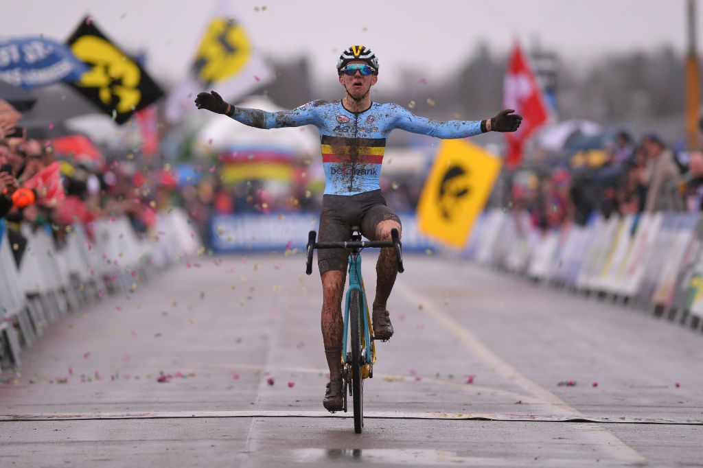 Thibaut Nys celebrates as he crosses the line