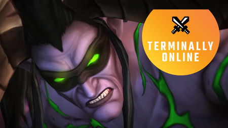 Illidan, a blindfolded demon hunter, snarls with the Terminally Online logo superimposed over his face.