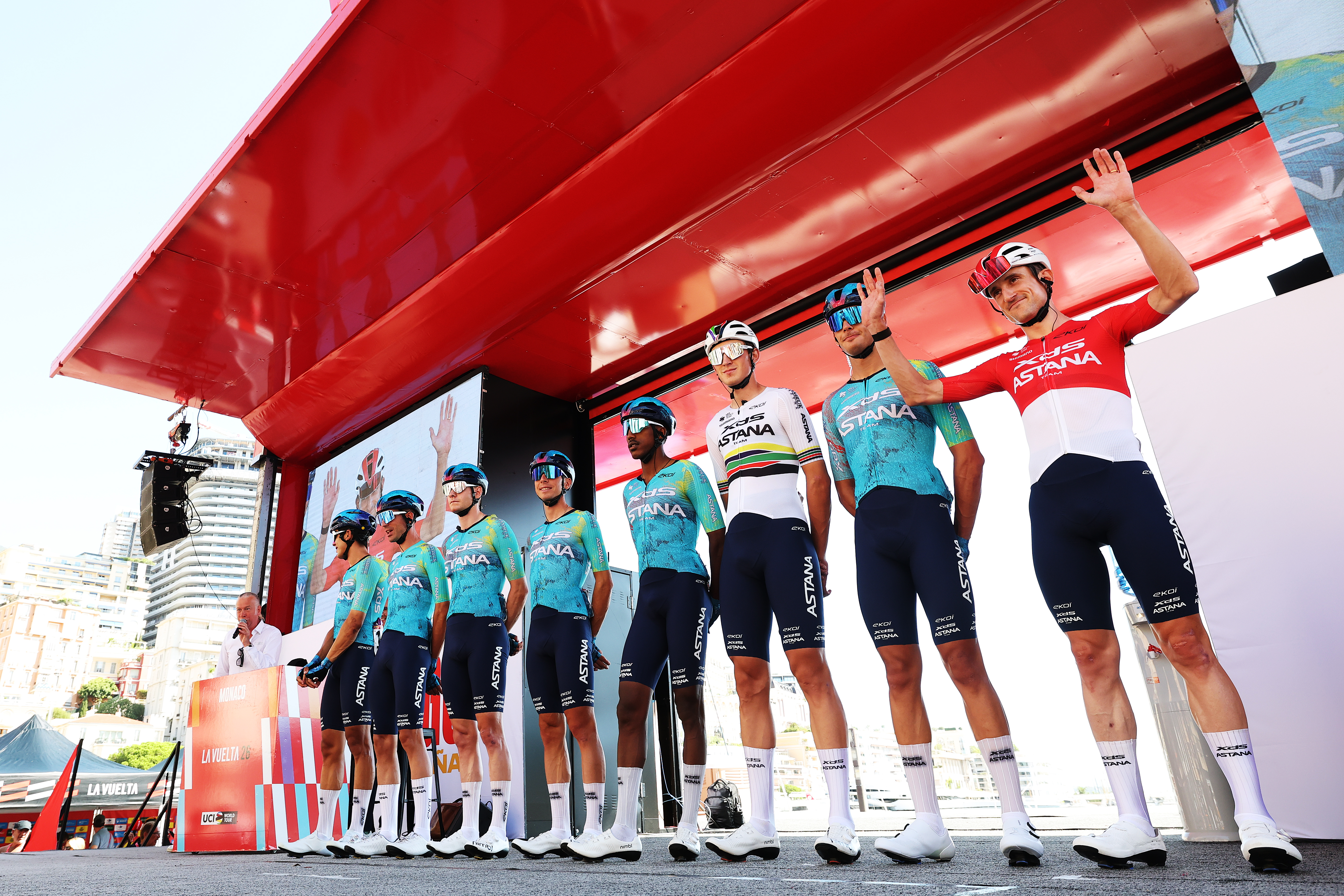 MONACO - AUGUST 23: A general view of Harold Tejada of Colombia, Yevgeniy Fedorov of Kazakhstan, Lorenzo Fortunato of Italy, Victor Langellotti of Monaco, Henok Mulubrhan of Eritrea, Cristian Rodriguez of Spain, Alessandro Romele of Italy, Darren Van Bekkum of Netherlands and Team XDS Astana prior to the La Vuelta - 81st Tour of Spain 2026, Stage 2 a 214.3km from Monaco to Manosque 408m / #UCIWT / on August 23, 2026 in Monaco, Monaco. (Photo by Alexander Hassenstein/Getty Images)