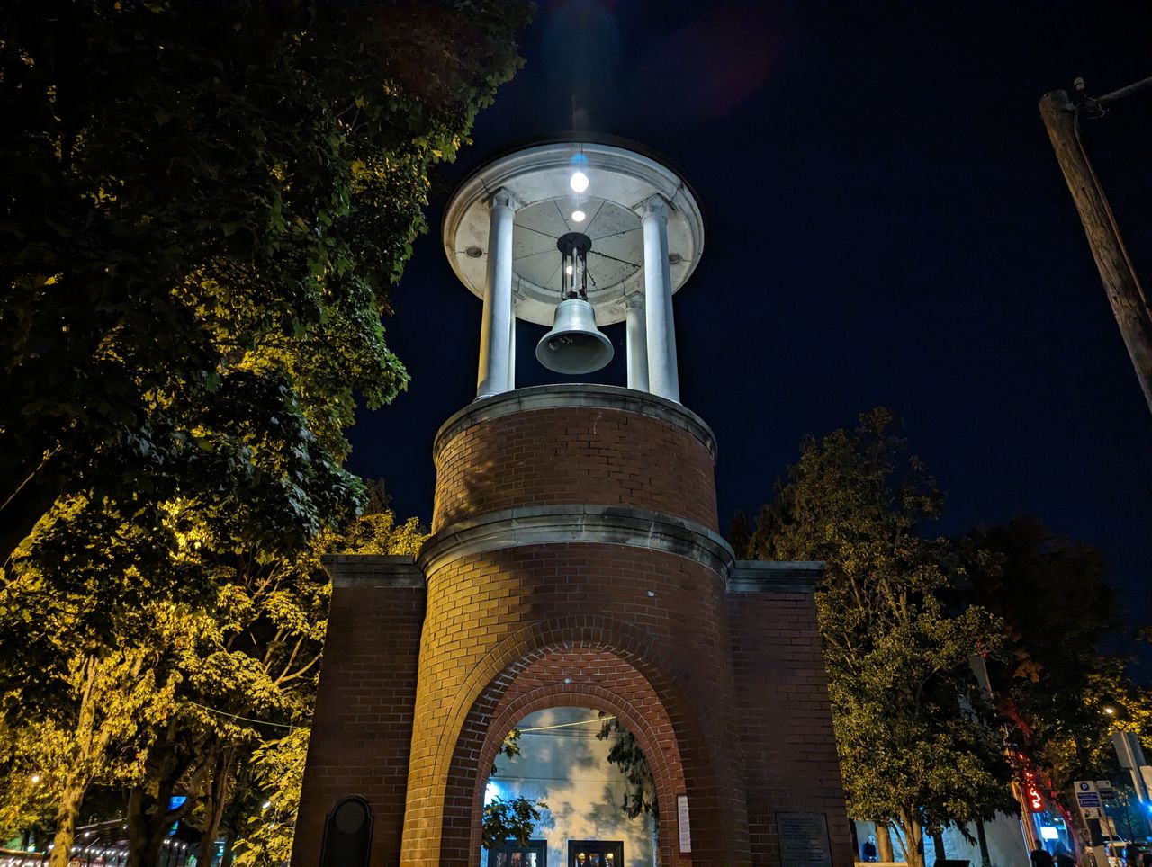Pixel 7 nighttime wide shot of a bell tower