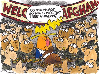 Political Cartoon U.S. Trump Thanksgiving Afghanistan Visit War Crimes Pardon