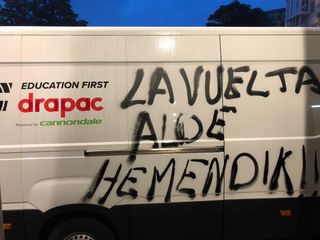 Graffiti on an EF-Drapac team vehicle at the Vuelta a Espana.