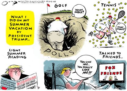 Political cartoon U.S. Trump vacation chaos Fox News conspiracy polls
