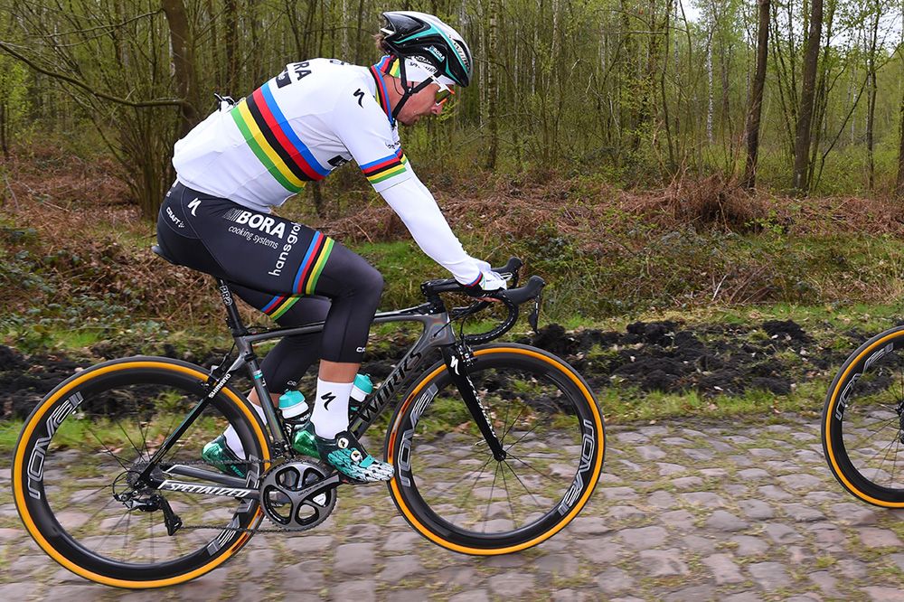 Peter Sagan dials in his new rim-brake Specialized Roubaix bike