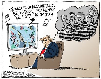 Political cartoon U.S. Trump new years Flynn Cohen Manafort