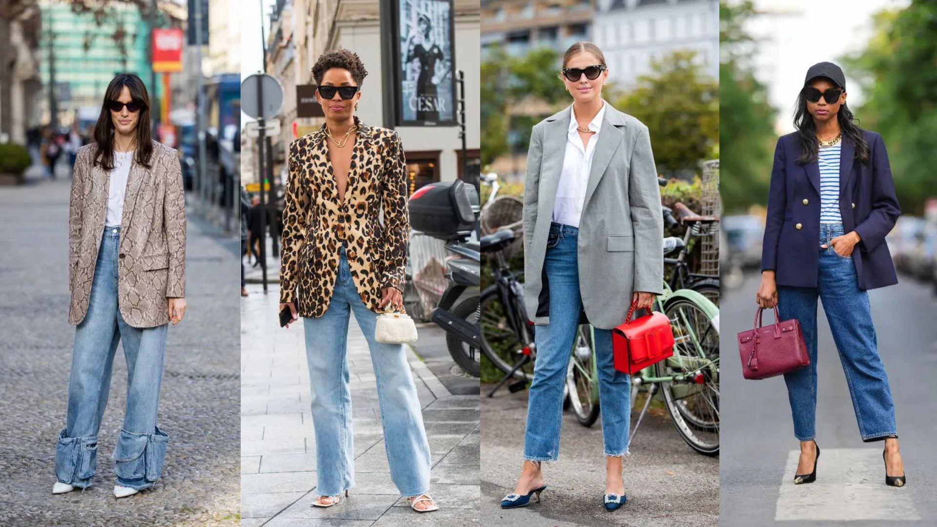 Four images of blazer and jeans