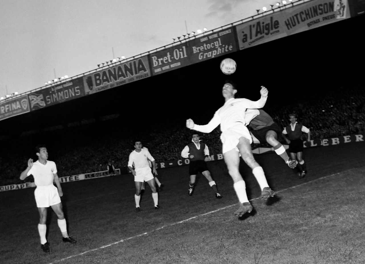 The 1956 European Cup final between Real Madrid and Reims at the Parc des Princes in Paris