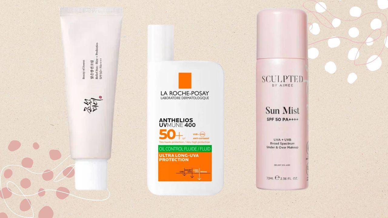 a beige backdrop with images of three sunscreens - beauty of joseon, la roche posay anthelios, and sculpted by aimee sun mist