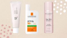 a beige backdrop with images of three sunscreens - beauty of joseon, la roche posay anthelios, and sculpted by aimee sun mist