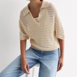 Cream Crochet Knit Short Sleeve Polo Jumper