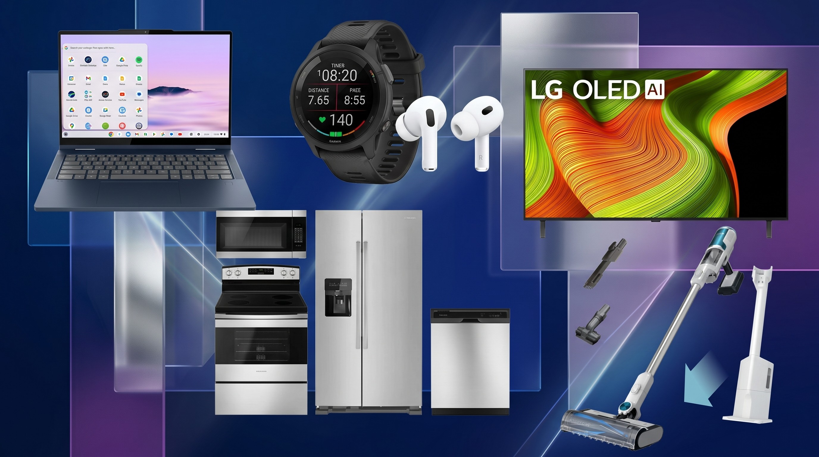 A collage of some of the tech from the Best Buy Memorial Day sale, including a Lenovo laptop, Garmin smartwatch, Apple AirPods, LG OLED TV, Samsung appliances and Shark vacuum