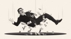 Illustration of Andy Burnham falling into a pit with a shower of bank notes