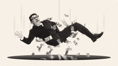 Illustration of Andy Burnham falling into a pit with a shower of bank notes